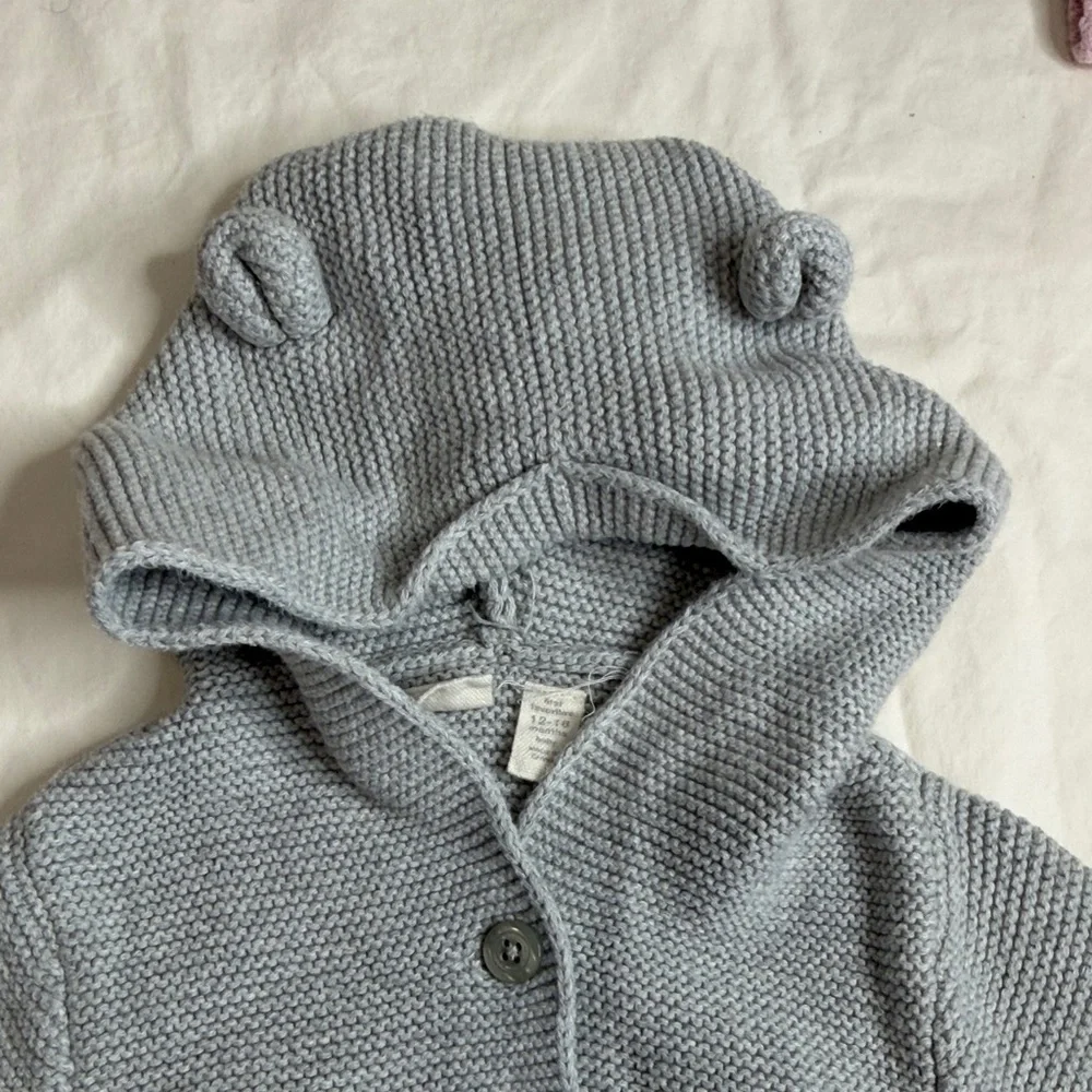 GAP Pink Teddy Coat & Knit Set with Gray Hooded Cardigan
